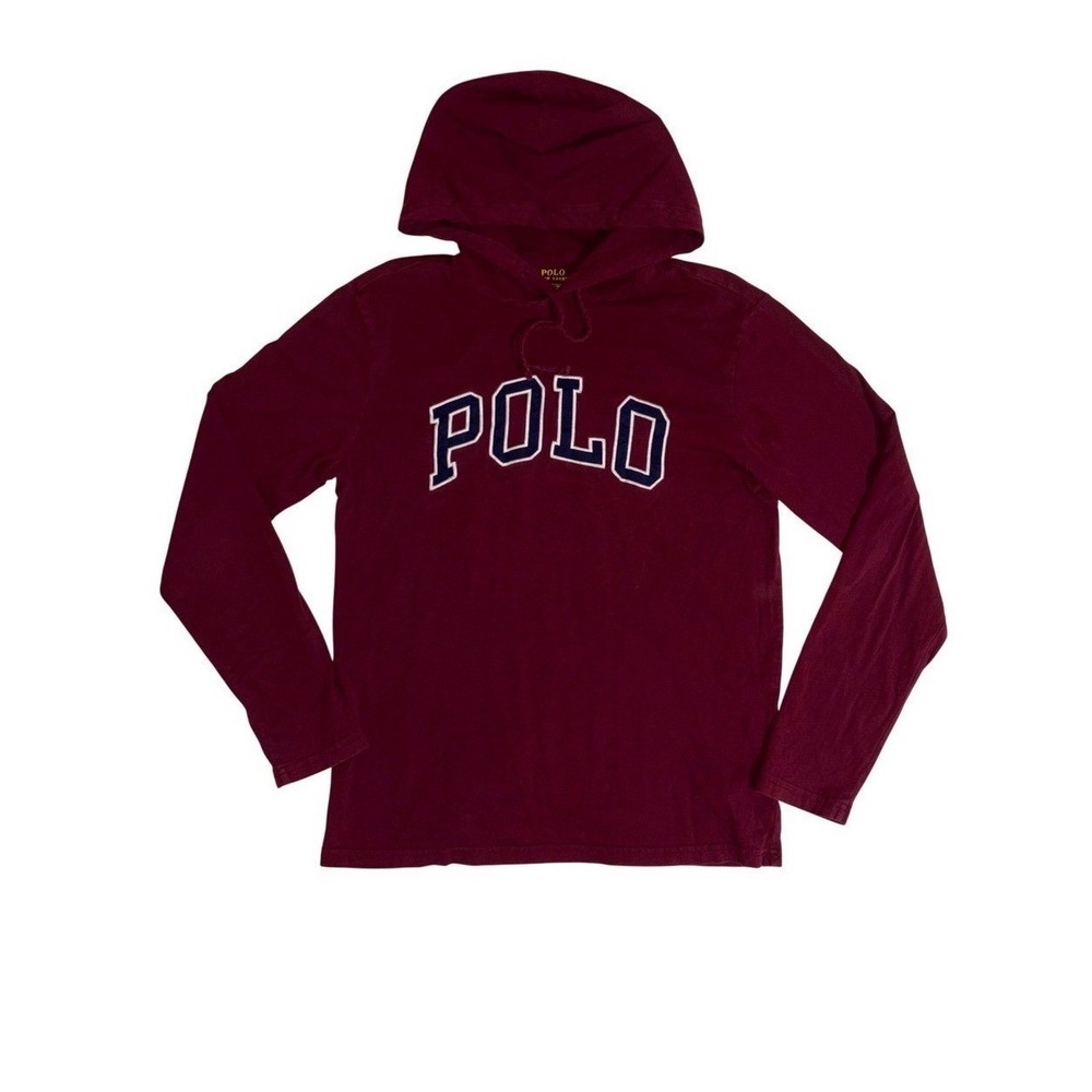 POLO RALPH LAUREN Hooded T-Shirt Mens S Burgundy Long Sleeve Logo‎ Spell Out